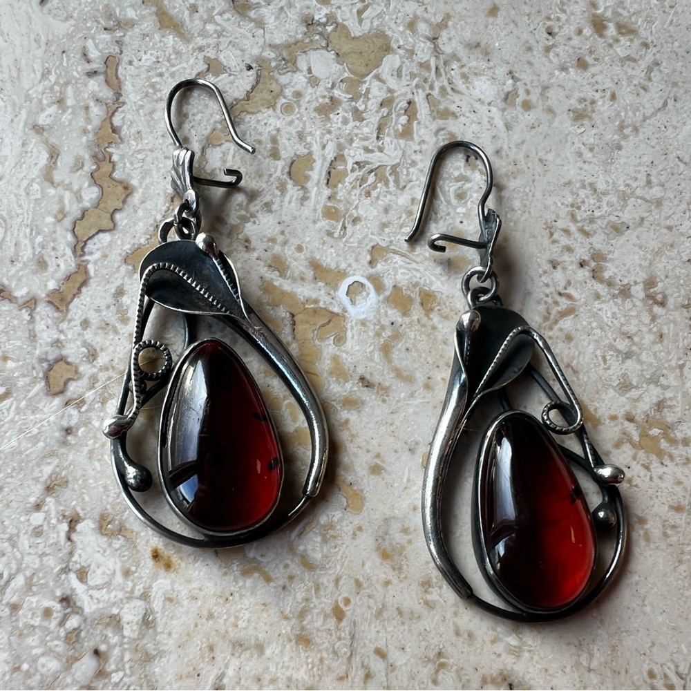 Vintage Elegant Sterling Silver and Amber Teardrop Earrings